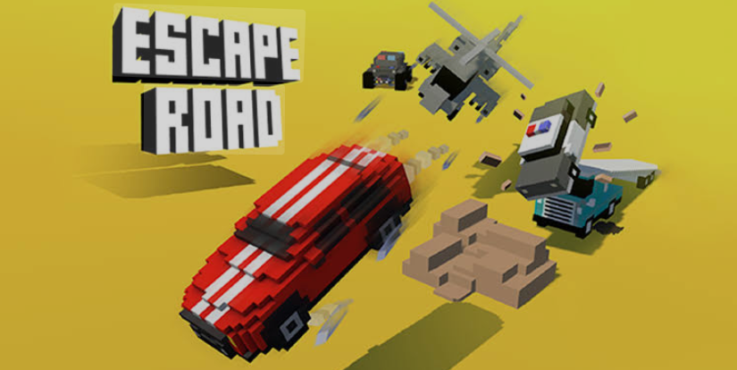 Escape Road City 2 gameplay screenshot showing high-speed neon street racing with police chase through downtown city environment